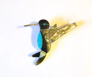 Amerikanische Ureinwohner Sterlingsilber Multi-Stein-Inlay Kolibri Brosche Anhänger - Bild 1 von 6