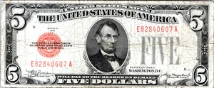 1928-C $5 "MULE" Red Seal Legal Tender F-VF Fr. 1528m - Picture 1 of 3
