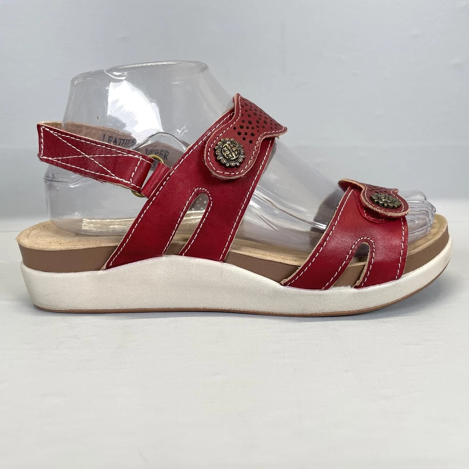 L'Artiste Spring Step Globe Sandals Womens Size 37 Red Leather Wedge Strap Shoes - Image 1 of 4