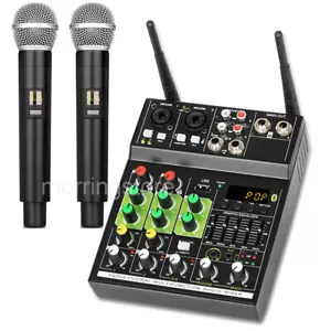 4 Channel USB Audio Mixer Bluetooth with 2x Wireless Microphone for DJ Karaoke - Picture 1 of 20