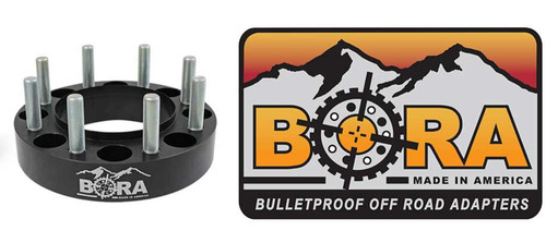 Black BORA rear spacers with silver hex bolts, shown with branded mountain-themed box reading “BORA Made in America.”