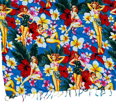 Vtg Tropical Print  Wrap Coverup Shawl Beach Coconut Girl Pinup Floral Rayon - Image 1 of 4