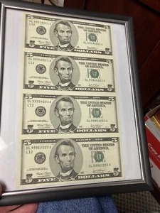 2003 Uncut UNC Sheet Of $5 (4 Bills) In Frame. REDUCED - Picture 1 of 1