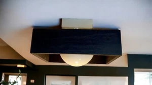 Retro 1960’s Square Flush Mount Blk Wood Ceiling Light Fixture Milk Glass Globe - Picture 1 of 10