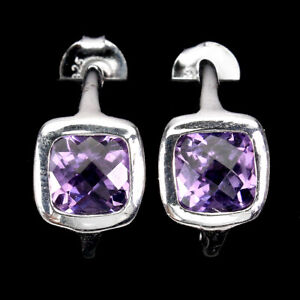 Unheated Cushion Amethyst 7mm 14K White Gold Plate 925 Sterling Silver Earrings