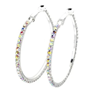 "Pendientes de aro de diamantes de imitación iridiscentes delgados lisos simples mínimos plateados 1,75""" - Imagen 1 de 2