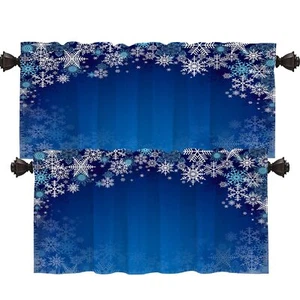 Christmas Blue Snowflakes Kitchen Valances Half Window Curtain Christmas Blue... - Picture 1 of 5