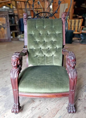 VICTORIAN HORNER STYLE FIGURAL CARVED CHERUB MORRIS CHAIR Cover