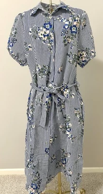 SPIGHE DI LINO Midi Maxi Dress Boho Collared Striped Floral Blue Italy Large - Image 1 of 4