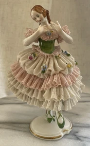 Antique Karl Ens Volkstedt Dresden Porcelain Ballerina Lace Figurine 6 1/2" - Picture 1 of 8