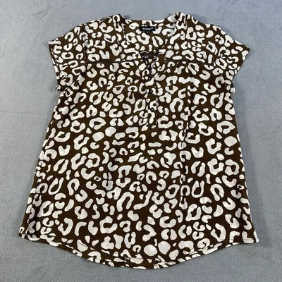Blusa para mujer Tolani marrón y blanco con estampado de leopardo 100 % seda, mangas cortas, S Foto 1 de 4