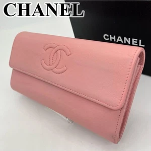 CHANEL Pink Leather Flap Wallet Long Purse with CC Logo Coco Mark Embossed Used - Picture 1 of 16