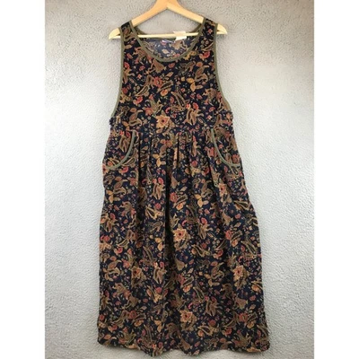 Vintage Erika & Co. Azul Marinho Paisley Floral Veludo Pinafore Vestido Bolsos Midi - Imagem 1 de 4