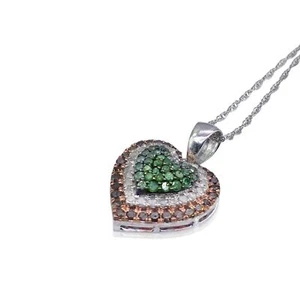 925 Silver Natural Round Cut White Green Brown Diamond Pendant Necklace 1.07 cts - Picture 1 of 6