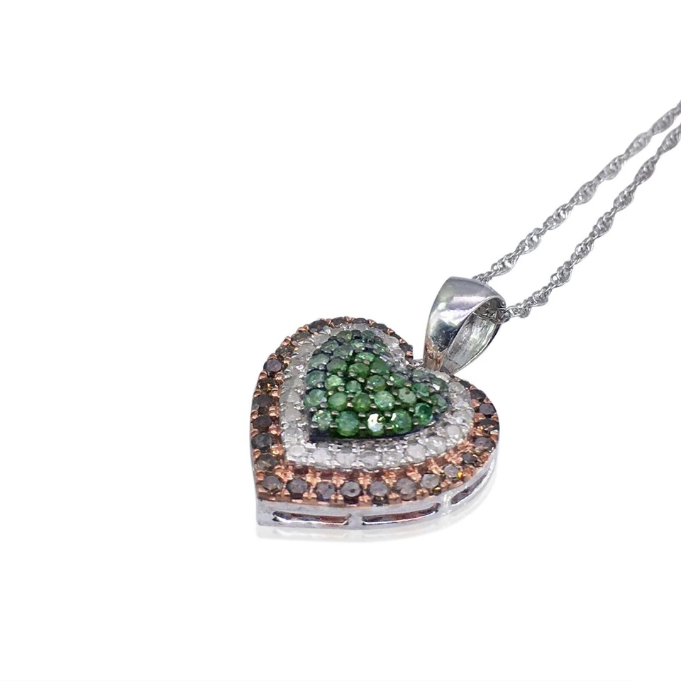 925 Silver Natural Round Cut White Green Brown Diamond Pendant Necklace 1.07 cts - Image 1 of 4