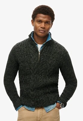 Superdry Jumper Half Zip Cable Knit Long Sleeve Pullover Wool Mix Black Grey - Image 1 of 4