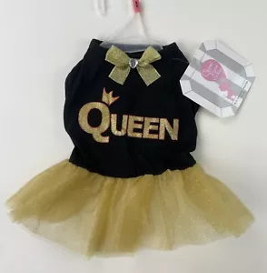 Coco Lane Couture Dog Pet Cat Outfit “Queen” Black Gold Bow Tutu Dress XS NWT - Picture 1 of 3