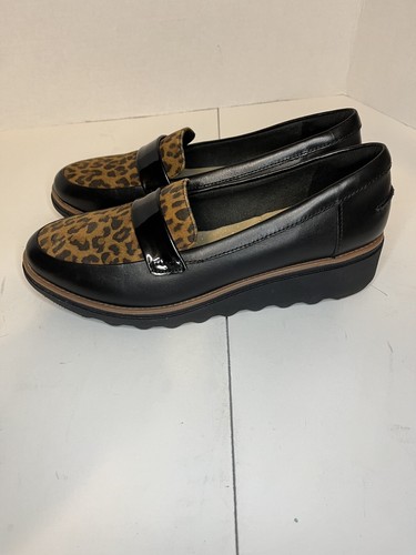 Mocassini slip on Clarks Sharon Gracie neri accento leopardato donna taglia 9