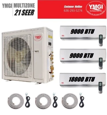 YMGI 36000BTU 3 ZONE DUCTLESS MINI SPLIT AIR CONDITIONER HEAT PUMP 9K+9K+18K OI8 - Image 1 of 4