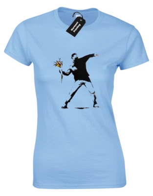 FRUIT OF THE LOOM / GILDAN THROWING FLOWERS BANKSY LADIES T-SHIRT GRAFFITI ART RETRO RIOT FUNNY DESIGN TOP
