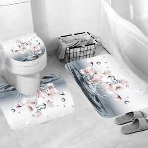 Floral Shower Curtain Bathroom Rug Set Thick Bath Mat Non-Slip Toilet Lid Cover