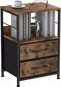 Nightstand Bedroom End Table with 2 Drawers and Open Shelf Wood Industrial Bedsi - Picture 1 of 7