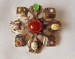 Brooch ~ Multi-Colour Polished Agate 'Miracle' Stones ~ Antiqued Gold Tone Metal - Picture 1 of 9