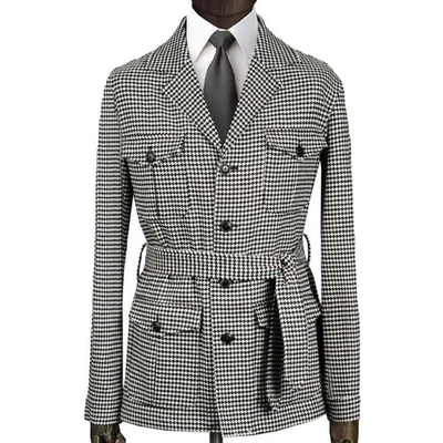 Chaqueta para fumar pata de gallo retro otoño de un solo pecho con cinturón varios bolsillos Foto 1 de 4