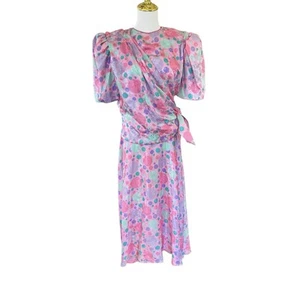 Vintage 80's Flora Kung 100% Silk Floral Dress 4 Pink & Green Wrap Midi Sheath - Picture 1 of 15