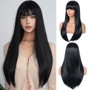 Black Wig with Bangs for Women Long Straight Black Wig Heat Resistant Synthet... - Bild 1 von 6