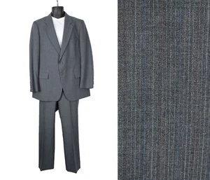 Vintage 2 Piece Suit 44R 38x31 Gray Blue Wool Blend Pinstripe Blazer Pants - Picture 1 of 6