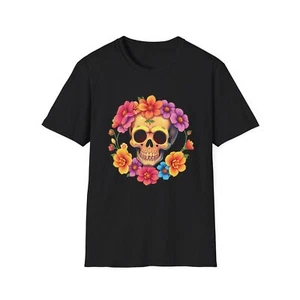 Floral Sugar Skull Graphic Tee Colorful Women Ladies T-Shirt Day of the Dead - Picture 1 of 10