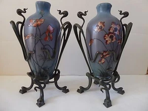 METTLACH ART NOUVEAU POTTERY VASES with BRASS / BRONZE HOLDERS - 1899 - SIGNED - Picture 1 of 11