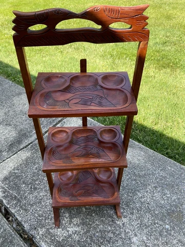 Vintage  Collapsible Standing Wooden 3 Tier Shelf W/Carved Fish In Wood rare Cover