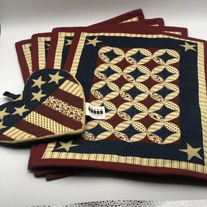 Sonoma Patriotic Placemat & Hotpad Set 4 Placemats 1 Hotpad Cream Blue Burgundy - Picture 1 of 12