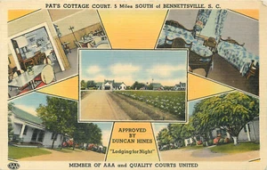 BENNETSVILLE SOUTH CAROLINA PATS COTTAGE COURT VINTAGE ROADSIDE LINEN POSTCARD - Picture 1 of 2