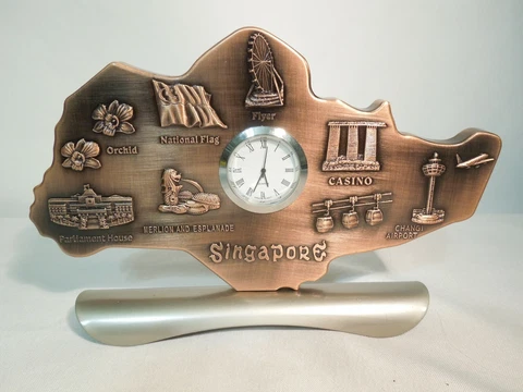 Singapore Map Desk Clock Copper & Nickle Tone Metal Japan Movement New Battery Cover