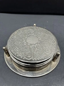 Set Of Six Silver Plated Coasters With Holder - Picture 1 of 8