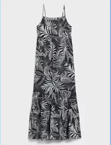 Banana Republic Tiered Chiffon Maxi Dress SIZE L Black White Tropical Leaf Boho - Picture 1 of 11