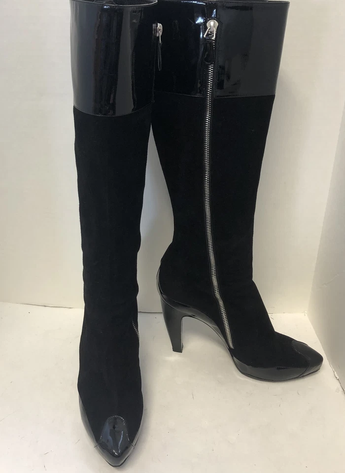 BALENCIAGA Black Suede/Patent Leather Knee High Platform Boots, sz 39.5/US 9.5 - Image 1 of 4