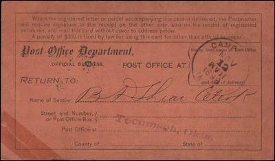 Tecumseh Оклахома Территория в Кэмпбелл OT регистрация возврат квитанция, 1899 - Изображение 1 из 2