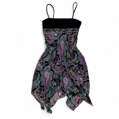 Y2K City Triangles Paisley Beaded Chiffon Asymmetrical Dress Whimsical Fairy Sml - Image 1 of 4