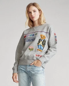 Ralph Lauren Women Country Teddy Fair Isle Bear Embroidered Sweatshirt Fleece S - Picture 1 of 20