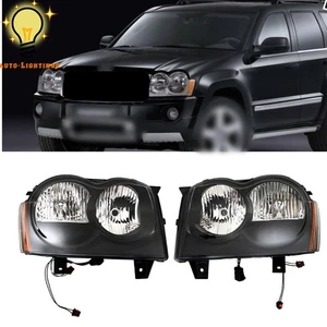 Headlights Halogen Black For 2005 2006 2007 Jeep Grand Cherokee LH+RH Headlamps - Picture 1 of 7