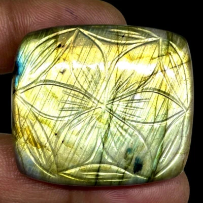 96.60 Cts Natural Carved Labradorit​e 37.6x33mm Cushion Pendant Size Gemstone - image 1 of 4