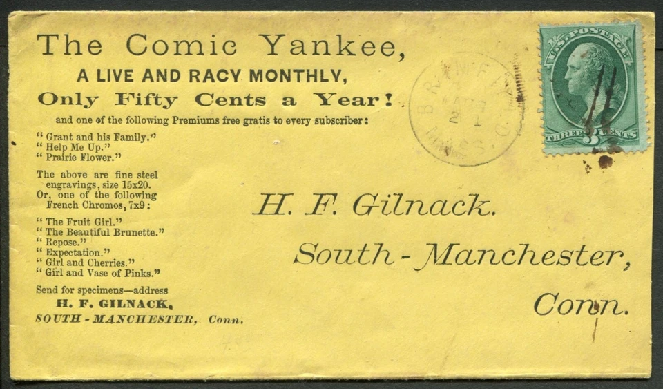 SOUTH MANCHESTER, CT ~ H. F. GILNACK, The Comic Yankee Pub. ~ ADV. FUNDA 1870s Foto 1 de 1