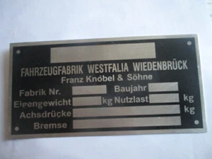 Nameplate Westfalia Works Franz Knöbel S54 Plate id-plate Trailer - Picture 1 of 1