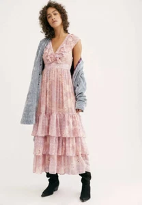 Vestido midi Free People Wear It Out con volantes rosa floral con volantes chic boho talla 8 usado en excelente estado - Imagen 1 de 7