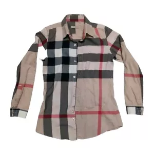 Burberry Brit Shirt Check Trim Women's Sz S Long Sleeve Cotton Career Designer - Picture 1 of 11
