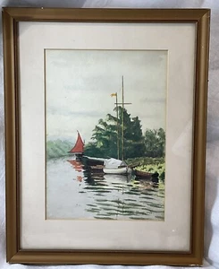 ANTIQUE ORIGINAL ART PAINTING WATERCOLOUR SIGNED MARTIN STURGE MARLOW 1916 YACHT - Picture 1 of 14
